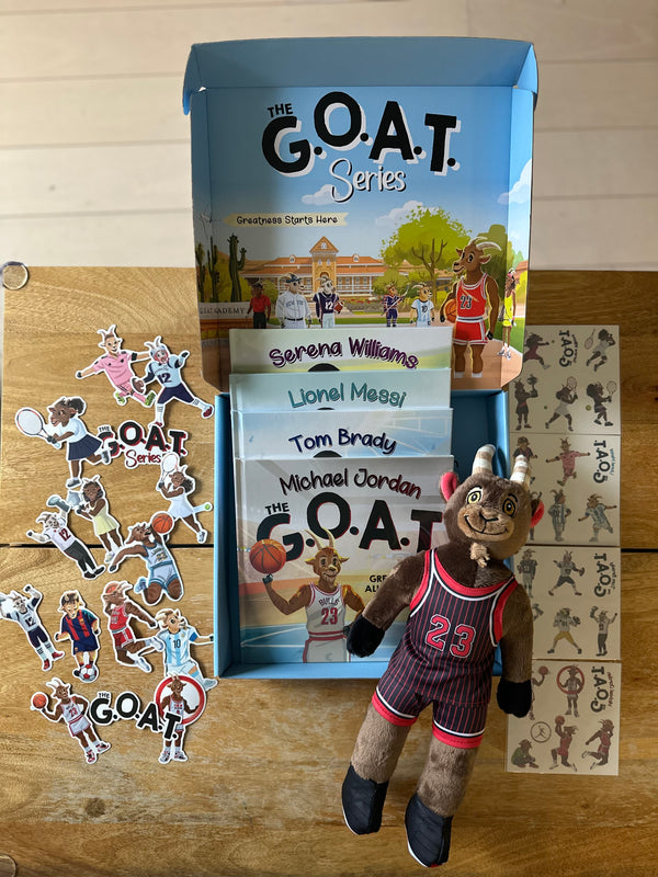 The GOAT Series Ultimate Gift Set – 4 Kids Sports Books - Mikey The GOAT Plush, Tattoos, Stickers, Tote Bag